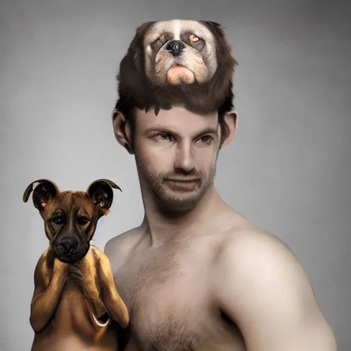 Image similar to realistic studio portrait, human dog hybrid creature, 7 0 % human face, human with dog facial features, in the style of annie leibovitz, vfx special effects movie creature,