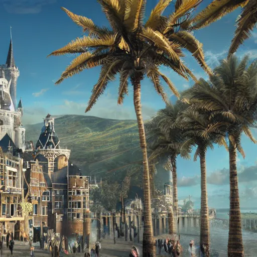 Prompt: a coastal magical town with witches and knights and a grand university of magic and technology visible in the distance, sunny weather, inspired by victorian england and amsterdam, palm trees, highly detailed, intricate, digital painting, trending on artstation, concept art, matte painting, art by greg rutkwowski, craig mullins, octane render, 8 k, unreal engine