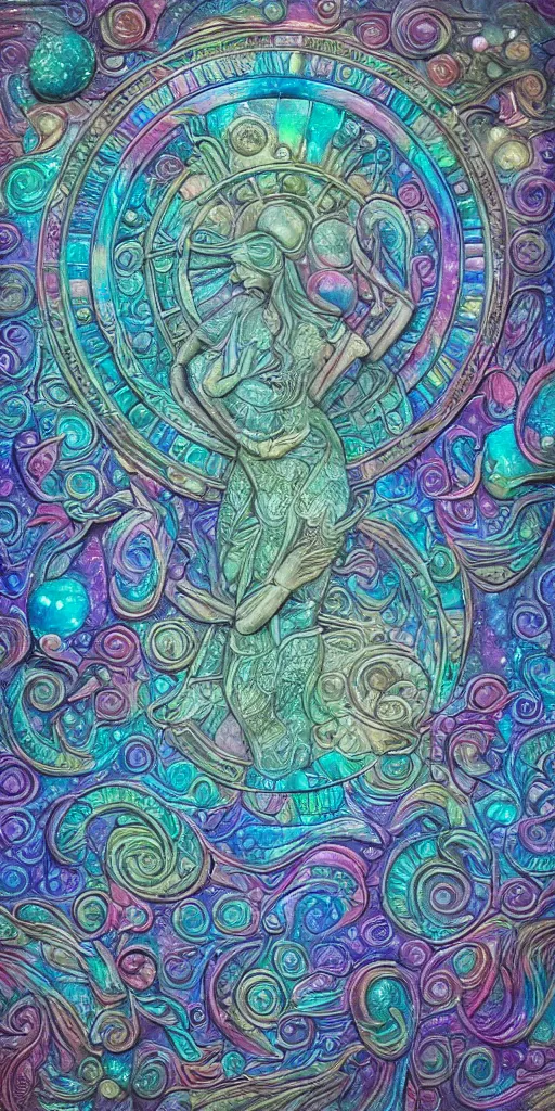 Image similar to intricate colourfully painted carved Soapstone relief paneling, iridescent, pearl and pale blue toned, celestial, cosmos, galaxies, planets, divinity, moon goddess, mother earth, Earth Goddess mythology, Gaia, angels, dream atmosphere, bright colors, vivid colors, Ghostly, crystaline celtic, insanly detailed , artstation, wallpaper, hyper realistic, realistic lighting