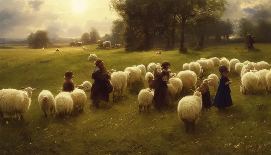 Image similar to simple amish shepherd and children with flocks of sheep in open fields, art by anders zorn, wonderful masterpiece by greg rutkowski, beautiful cinematic light, american romanticism thomas lawrence, greg rutkowski