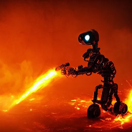 Image similar to toaster oven terminator robot, dark messy smoke - filled cluttered workshop, dark, dramatic lighting, orange tint, sparks, cinematic, highly detailed, sci - fi, futuristic, movie still