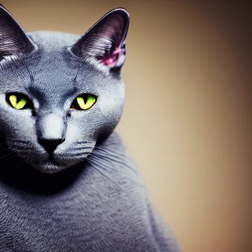 Prompt: photograph of a Russian Blue cat with amber eyes wearing a top hat, intricate detail, kodak 2383 vision color, god rays, depth of field, award winning photography, 4k, hd