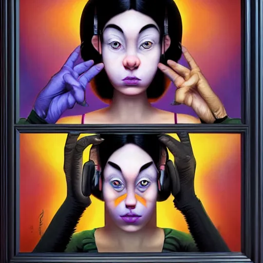 Image similar to lofi monkey in front of a mirror reflecting rule 34 expression of a human face, symmetrical hands, doctors mirror, Pixar style by Tristan Eaton Stanley Artgerm and Tom Bagshaw, high detail