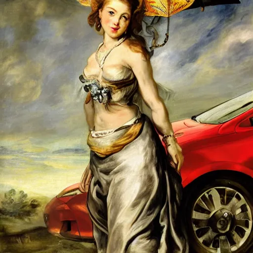 Image similar to heavenly summer sharp land sphere scallop well dressed lady standing next to a honda civic, auslese, by peter paul rubens and eugene delacroix and karol bak, hyperrealism, digital illustration, fauvist, standing next to a honda civic