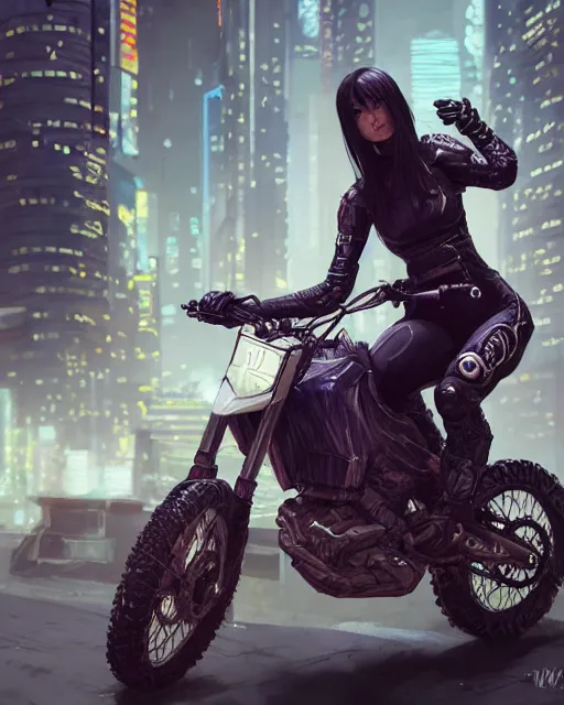 Image similar to cool girl wearing cyberpunk intricate streetwear riding dirt bike, beautiful, detailed portrait, cell shaded, 4 k, concept art, by wlop, ilya kuvshinov, artgerm, krenz cushart, greg rutkowski, pixiv. cinematic dramatic atmosphere, sharp focus, volumetric lighting, cinematic lighting, studio quality