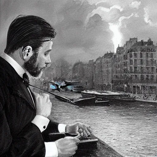 Prompt: mcgregor is dressed as a gentleman at early 2 0 th century paris. he is watching an easel. that easel has a canvas on it. ewan mcgregor has a brush on his hand. he is painting a painting. there is a small brown cat with yellow eyes on ewan mcgregors feet. on background has river seine, morning sun, dark clouds, lightning, matte painting