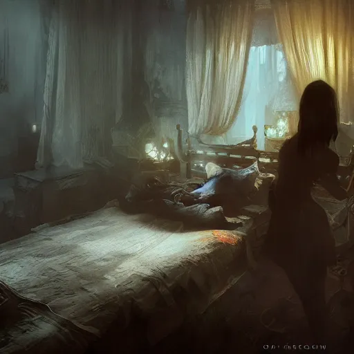 Prompt: Night terror standing over bed, Scary, intricate, detailed, volumetric lighting, scenery, digital painting, highly detailed, artstation, sharp focus, illustration, concept art, ruan jia, steve mccurry