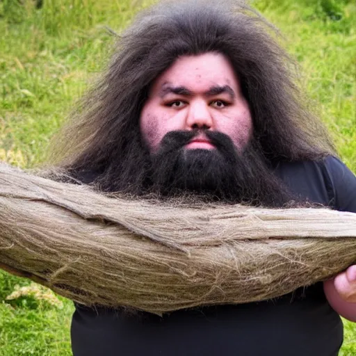 Image similar to a photo of a very hairy and angry very fat man with long hair holding a 1 m long yam