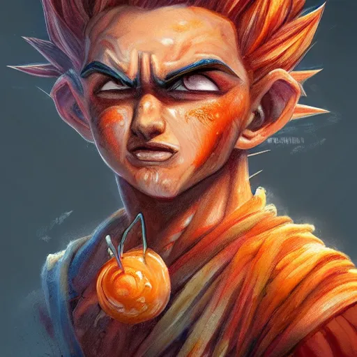 Prompt: portrait of a young rugged goku hot dog, extra onions and ketchup, luscious with sesame seeds, handsome, D&D, fantasy, intricate, eldritch, Viking, elegant, highly detailed, digital painting, sweaty meat, artstation, concept art, matte, sharp focus, illustration, art by Anna dittmann