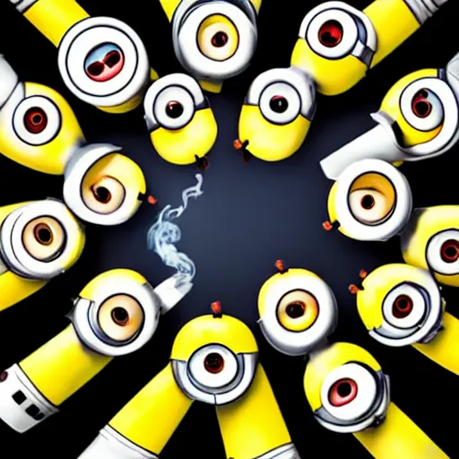 Prompt: photograph of minions from despicable me in a circle smoking bongs