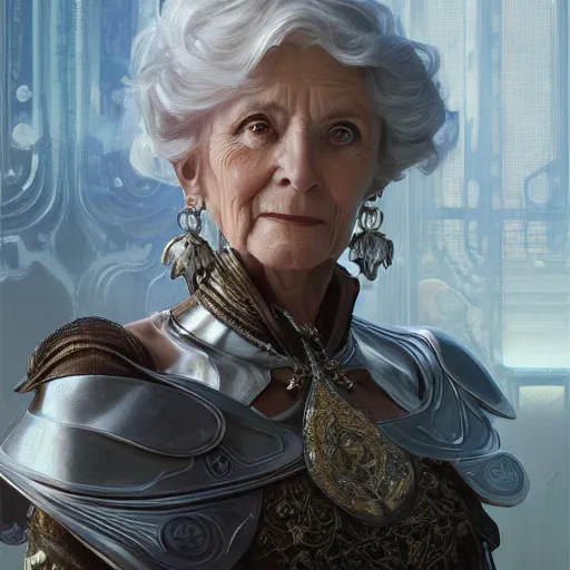 Image similar to portrait of an pretty old woman in a platinum armor, intricate, headshot, highly detailed, digital painting, artstation, concept art, sharp focus, cinematic lighting, illustration, art by artgerm and greg rutkowski, alphonse mucha, cgsociety