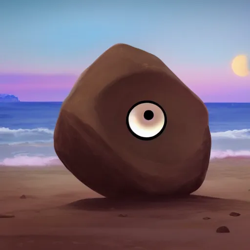 Image similar to A rock with googly eyes, the rock is chilling on the beach, palm trees swaying in the wind, the moon rising on the horizon, stars glistening in the night, hyperdetailed, artstation, cgsociety, 8k