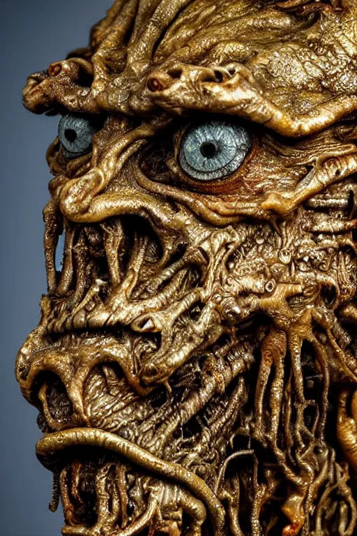 Image similar to photo taken of an epic intricate, ultra detailed, super realistic gritty, wet, slimy, lifelike sculpture of a nightmarish hellish alien ghoulish creature created by weta workshop, zoomed in shots, photorealistic, sharp focus, white wall coloured workshop, cold blueish colour temperture, f 0. 4, face centred, golden ratio, golden hour