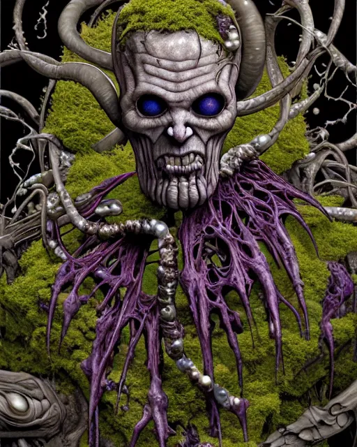 Image similar to the platonic ideal of flowers, rotting, moss, insects, pearls and praying of cletus kasady ultimate carnage thanos dementor doctor manhattan chtulu nazgul davinci, detailed, intricate, hyperrealism, cinematic composition, intense, scary, decay, dmt, art by brock hofer and artgerm and greg rutkowski and alphonse mucha