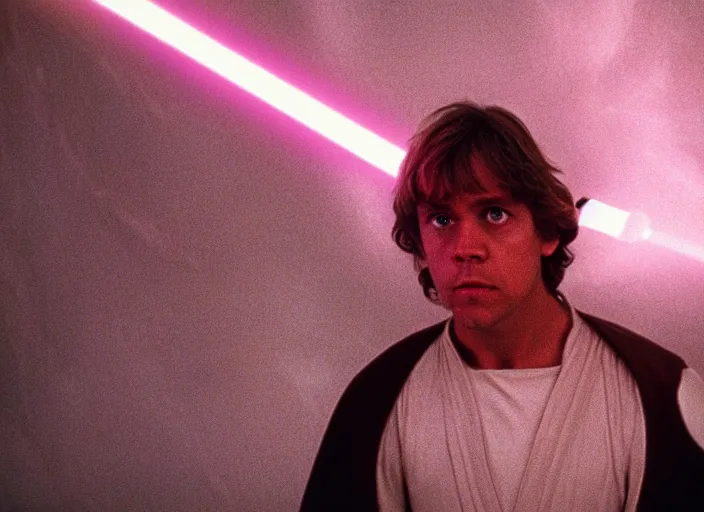 Prompt: detailed protrait photo of Luke skywalker using his lightsaber to light up a dark pinks hazy ethereal cave and discover the ancient jedi texts. kubrick. screenshot from the 1985 film, Photographed with Leica Summilux-M 24 mm lens, ISO 100, f/8, Portra 400