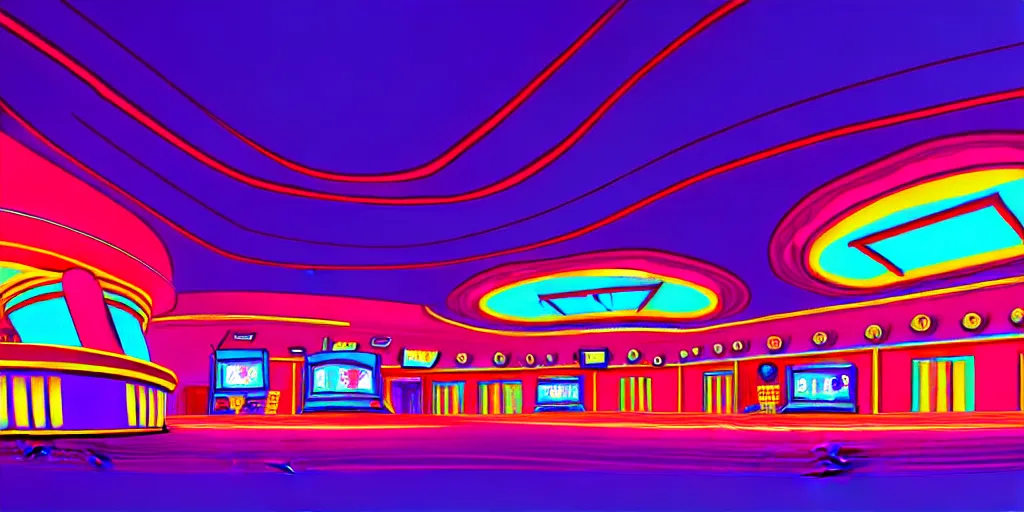 Prompt: extreme wide angle curved perspective digital art of sss indoor casino with a stage pale colors by anton fadeev from nightmare before christmas