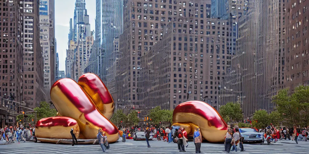 Prompt: a photograph of a giant metallic hotdog sculpture in the center of a new york street, a large crowd have gathered, by Claes Oldenburg and jeff koons, chrome, silver, reflections, pop art, 3D render, Volumetric dynamic lighting, Highly Detailed, Cinematic Lighting, Unreal Engine, 8k, HD