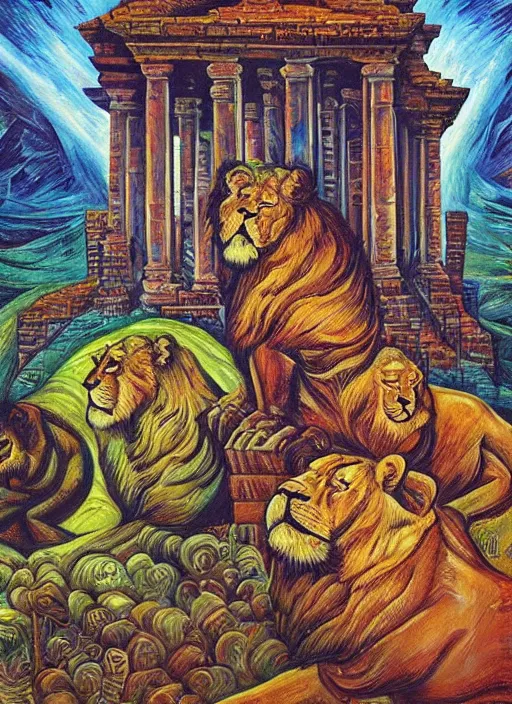 Image similar to “A surreal oil painting of an ancient temple guarded by lions, by Dan Mumford and Umberto Boccioni, realistic shading, complimentary colors, vivid colors, aesthetically pleasing composition, masterpiece, 4k, 8k, ultra realistic, super realistic”