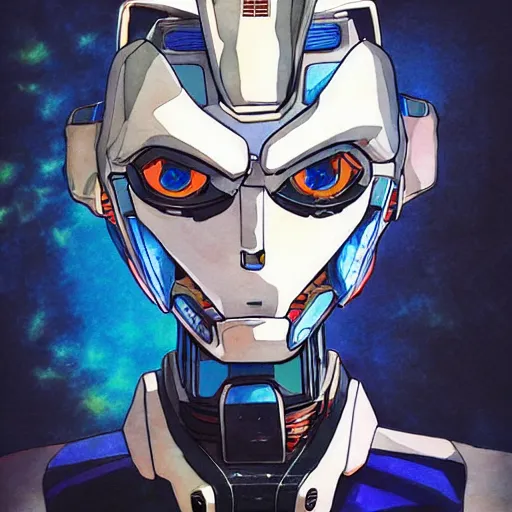 Image similar to robotic face, mecha face, anime style, akira style, watercolors, black and blue colors