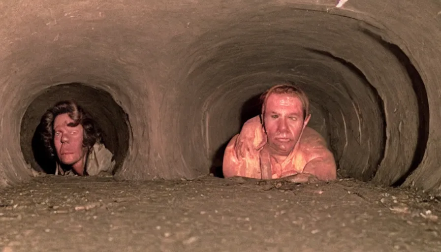 Prompt: 7 0 s movie still of a melting man in a tiny tunnel, cinestill 8 0 0 t 3 5 mm technicolor, heavy grain, high quality, high detail