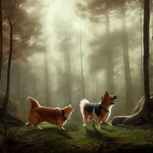 Prompt: a group of corgis in a misty forest, d & d character art, glowing runes, mystical, magical, fantasy, highly detailed digital illustration, greg rutkowski, trending on artstation