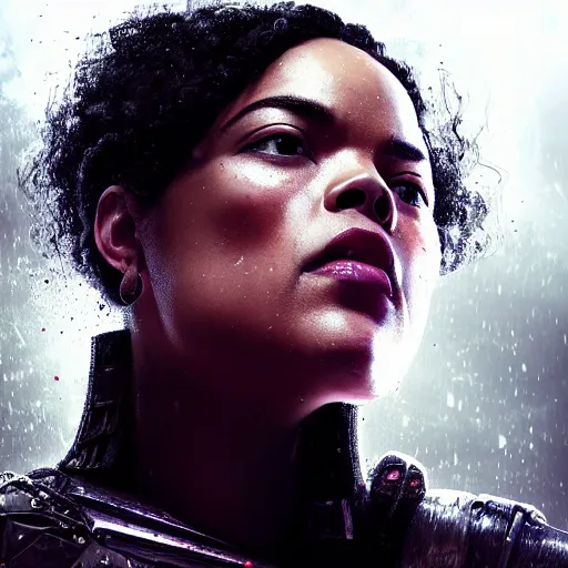 Image similar to tessa thompson portrait, dystopia core, apocalyptic, armor, warrior, dramatic, sharp focus, fiction, neon, fantasy, hyper detailed, digital art, trending in artstation, cinematic lighting, studio quality, smooth render, unreal engine 5 rendered, octane rendered, art style and nixeu and wlop and krenz cushart