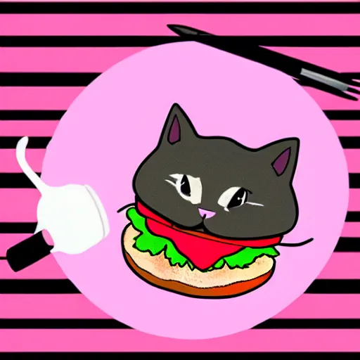 Image similar to a pink cat eating a hamburger