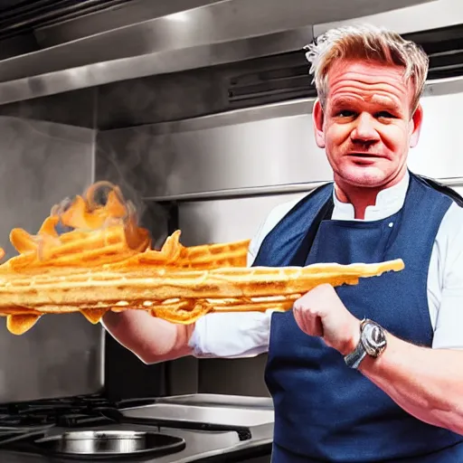 Image similar to Gordon Ramsey cooking a unicorn in a intricate wafflehouse kitchen 4k