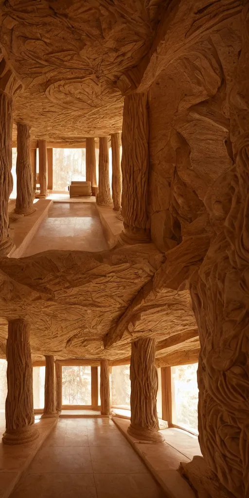 Prompt: inside organic home made of carved sandstone. thin columns. very low ceiling living room and kitchen. architectural photography. coronarender, 4 k, 8 k. volumetric lighting.