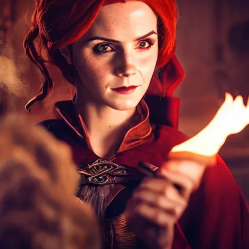 Prompt: Triss Merigold cosplay by Emma Watson, 8k, professional photography, cinematic studio shot, dark, smoke