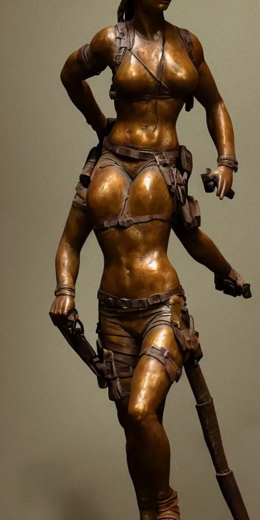 Prompt: detailed photo of an old bronze patina statue of a beautiful lara croft posing for a full body portrait, photorealismintricate detail, museum diffuse lighting