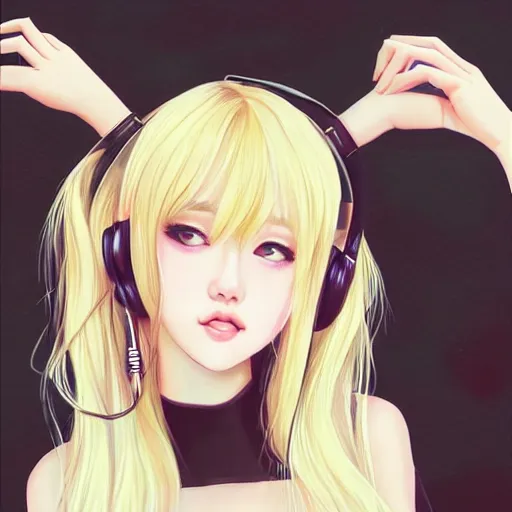 Image similar to realistic beautiful gorgeous natural cute Blackpink Lalisa Manoban blonde hair cute fur blonde cat ears, wearing camisole, wearing headphones, wearing black leather choker artwork drawn full HD 4K highest quality in artstyle by professional artists WLOP, Taejune Kim, Guweiz on Artstation Pixiv