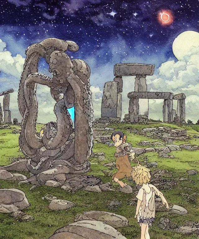 Image similar to a hyperrealist studio ghibli watercolor fantasy concept art. in the foreground is a giant grey octopus lifting and putting stones in to place on top of stonehenge with a starry sky. by rebecca guay, michael kaluta, charles vess