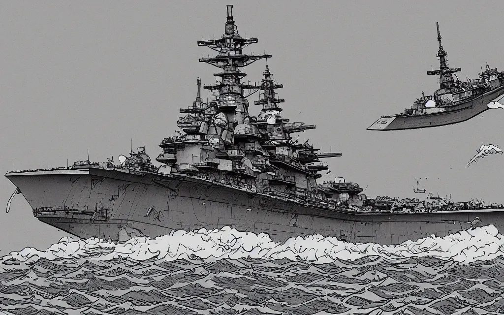 Image similar to japanese battleship yamato in front of huge nuclear explosion, in the style of james jean and laurie greasley, dynamic composition, dramatic lighting, ultra detailed