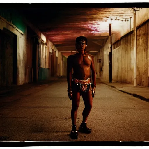 Prompt: empty street, mayan jaguar warrior, portrait, at night, by nan goldin, cinematography by quetzalcoatl