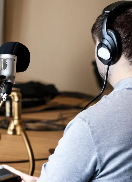 Image similar to photograph of saint thomas aquinas recording a podcast wearing headphones 8k UHD detailed 85mm CANON EOS