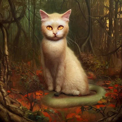 Prompt: metallic gold cat creating magic in the gnarly forest at night by tom bagshaw, mucha, karl kopinski, trending on artstation, 8k, denoised, crisp, hd