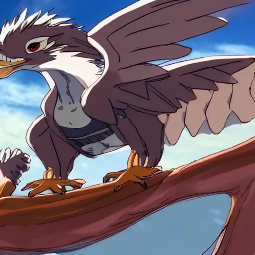 Image similar to large feathered brown wyvern in My Hero Academia latching onto the top of U.A High School roaring, detailed