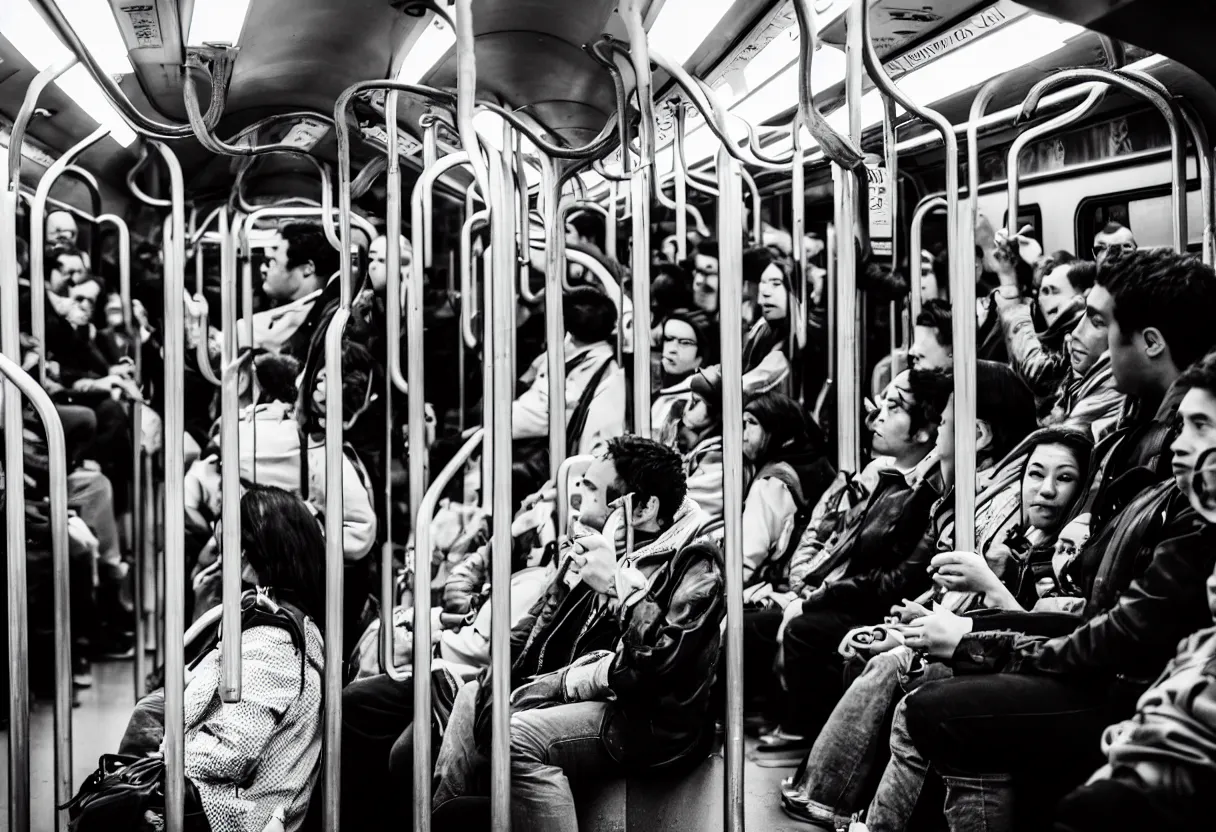 Prompt: a 5 0 mm lens photo people on the subway, natural lighting, there is a huge octopus in the place with tentacles reaching out, dynamic composition, f 2. 8
