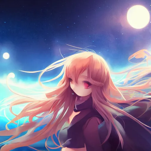 Image similar to anime, full body, bunny girl, a cute female trying to kissing the camera, shooting star in background, long wavy hair, light and shadow effects, highly detailed, digital painting, art station, sharp focus, high quality, frontal view, illustration, concept art, wlop