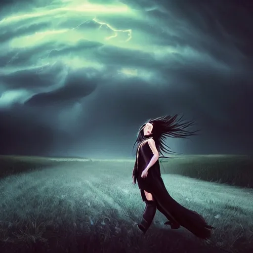 Image similar to mysterious young girl child with her long black hair dressed in a chequered robe, mysterious young girl is walking in strong wind and lightning storm, epic scene, atmospheric, surrounded by magical light, digital art, hd, 4 k, hyper detailed