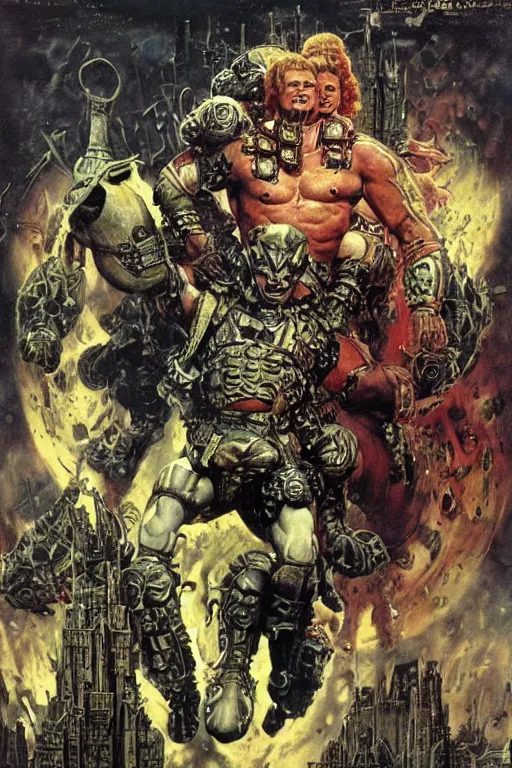Image similar to full length portrait of mariusz pudzianowski as an armoured hulking marvel villain fighting extraterrestrial invaders in new york, dynamic action, by lawrence alma tadema and zdzislaw beksinski and norman rockwell and jack kirby and tom lovell and greg staples and michael alford