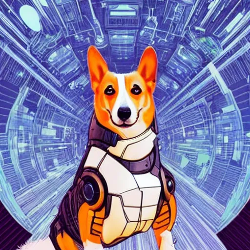 Prompt: half robot half corgi with one laser eye that looks like it's from Borderlands and by Feng Zhu and Loish and Laurie Greasley, Victo Ngai, Andreas Rocha, John Harris