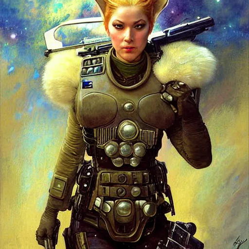 Image similar to portrait of a female white fox in a police uniform. shadowrun furaffiniy cyberpunk fantasy highly detailed painting by gaston bussiere craig mullins jc leyendecker gustav klimt artgerm greg rutkowski john berkey, bergey, craig mullins, ruan jia, raymond swanland, jeremy mann, tom lovell, alex malveda