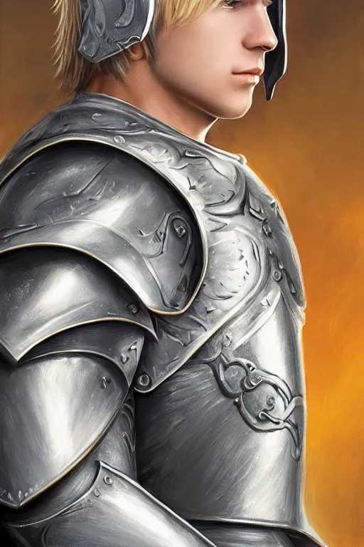 Image similar to a blonde male teenager wearing a silver plate armor, digital painting, digital art, oil painting, masterpiece, realistic and detailed face, profile picture, realistic, highly detailed, high quality, symmetrical, low contrast, trending on deviantart, soft colors, soft lighting, face portrait, beautiful, elegant, anatomically correct, castle in the background, bokeh, dof