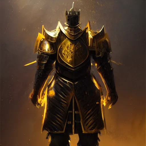 Prompt: anthropomorphic knight warrior stands tall wearing black and gold plate armor, oil painting, Tooth Wu, Greg Rutkowski, RPG, dynamic lighting, fantasy art, High contrast, depth of field, landscape, scenery