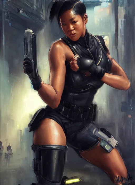 Prompt: black chun li teaching martial arts. cyberpunk police trooper in a military vest ( blade runner 2 0 4 9, cyberpunk 2 0 7 7 ). orientalist portrait by john william waterhouse and james gurney and theodore ralli and nasreddine dinet, oil on canvas. cinematic, hyper realism, realistic proportions, dramatic lighting, high detail 4 k