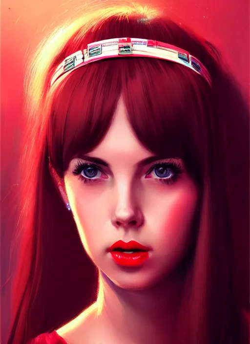 Prompt: portrait of lexi belle with bangs, 1 9 6 0 s, long hair, red hairband, bangs, intricate, elegant, glowing lights, highly detailed, digital painting, artstation, concept art, smooth, sharp focus, illustration, art by wlop, mars ravelo and greg rutkowski