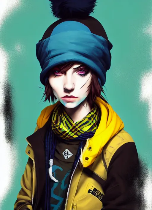 Prompt: highly detailed portrait of a sewer punk lady student, blue eyes, tartan hoody, hat, white hair by atey ghailan, by greg tocchini, by jesper ejsing, gradient yellow, black, brown and cyan color scheme, grunge aesthetic!!! ( ( graffiti tag wall ) )
