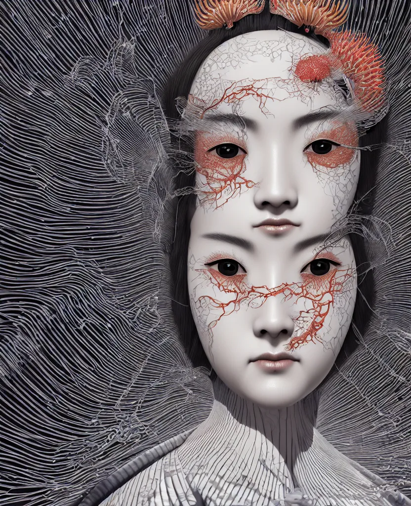 Image similar to close-up macro portrait of the face of a beautiful Japanese geisha with kimono, epic angle and pose, ribcage skeleton symmetrical artwork, 3d with depth of field, blurred background, cybernetic jellyfish female face phoenix bird, translucent, nautilus, energy flows of water and fire. a highly detailed epic cinematic concept art CG render. made in Maya, Blender and Photoshop, octane render, excellent composition, cinematic dystopian brutalist atmosphere, dynamic dramatic cinematic lighting, aesthetic, very inspirational, arthouse, Greg Rutkowski, Ilya Kuvshinov, WLOP, Stanley Artgerm Lau, Ruan Jia and Fenghua Zhong